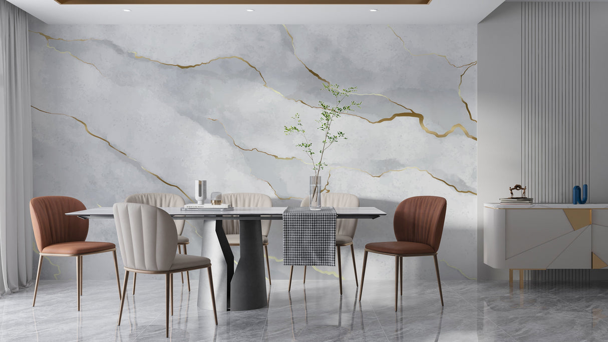 Elegant dining room featuring grey marble wallpaper with gold accents