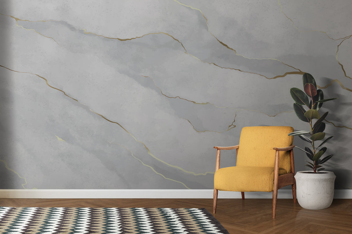 Master bedroom with grey and gold marble wall mural creating a luxury hotel feel
