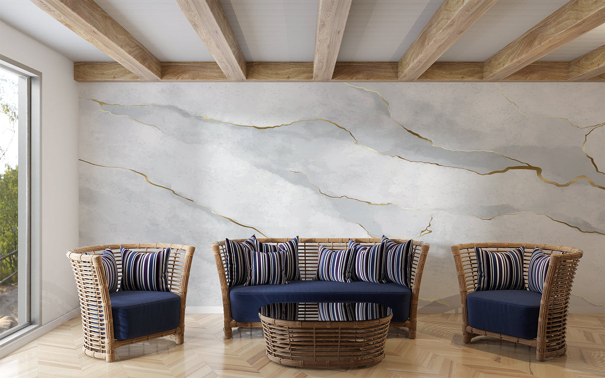 Home office space with modern marble effect wallpaper in grey and gold tones