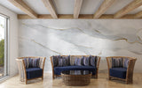 Home office space with modern marble effect wallpaper in grey and gold tones