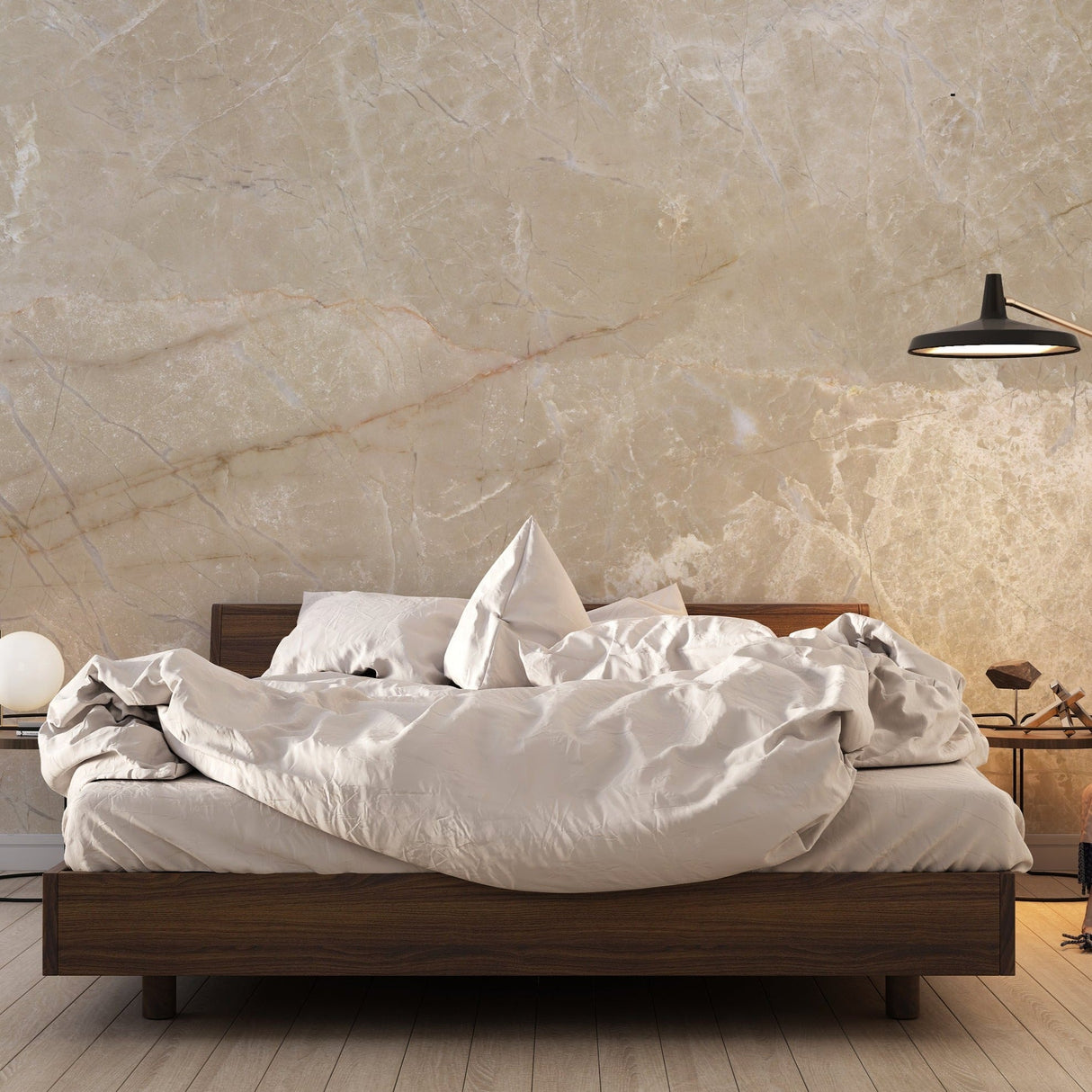 Beige marble wallpaper adding luxury to a modern living room with soft lighting and minimal furniture