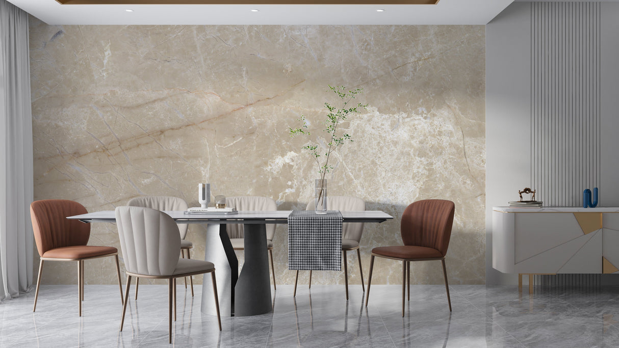 Elegant marble wall mural creating depth in a spacious dining room with warm ambient lighting