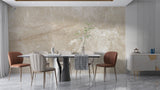 Elegant marble wall mural creating depth in a spacious dining room with warm ambient lighting