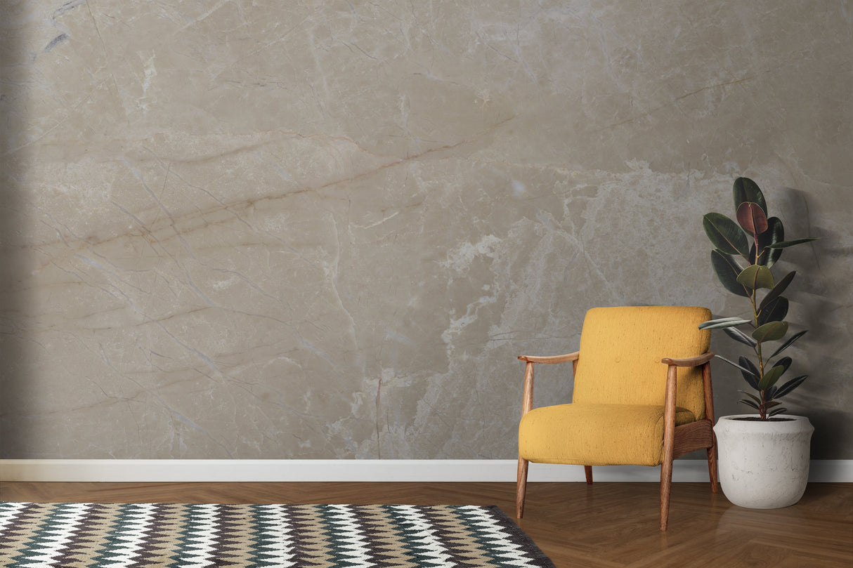 Stone effect wallpaper transforming a home office with its natural beige tones and subtle veining