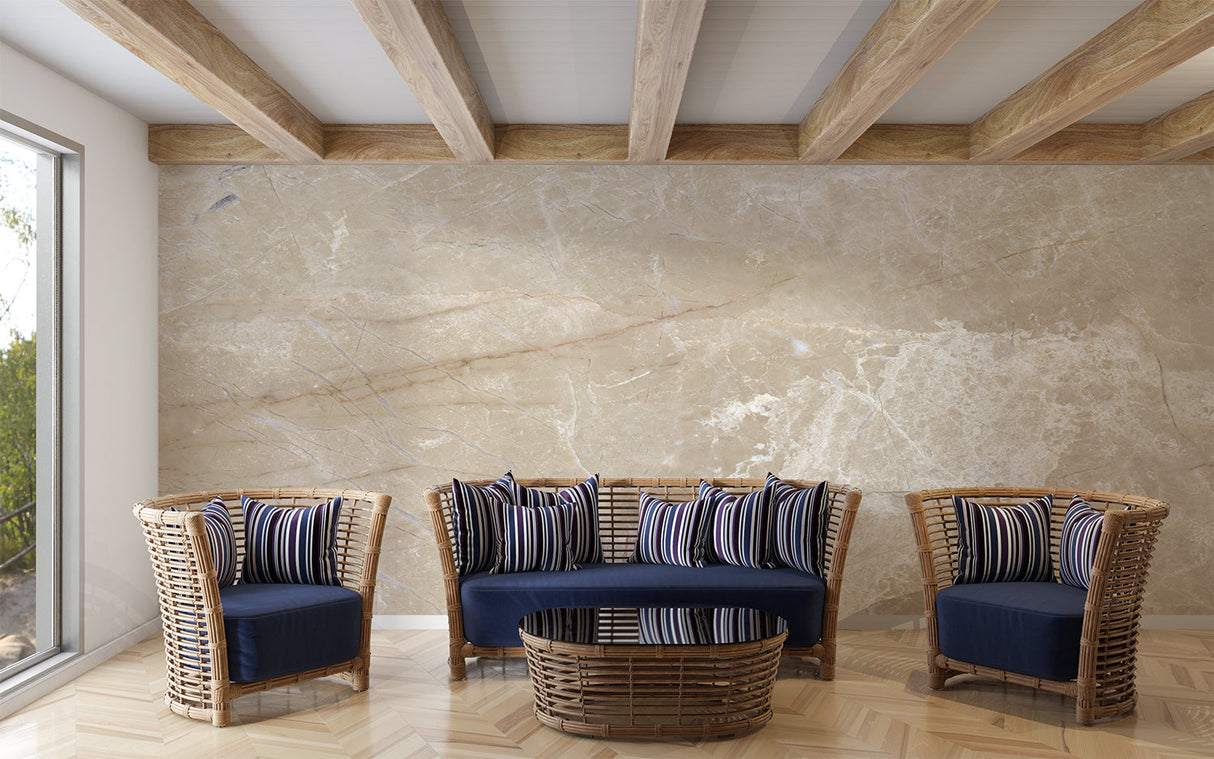 Marble pattern wallpaper making a bold statement in an upscale entryway with modern furnishings