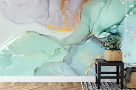 Mint green and gold marble wallpaper in modern living room creating an elegant atmosphere with natural light