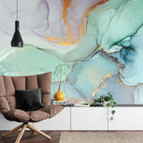 Luxury marble effect wallpaper with mint and gold tones showcased in a master bedroom setting