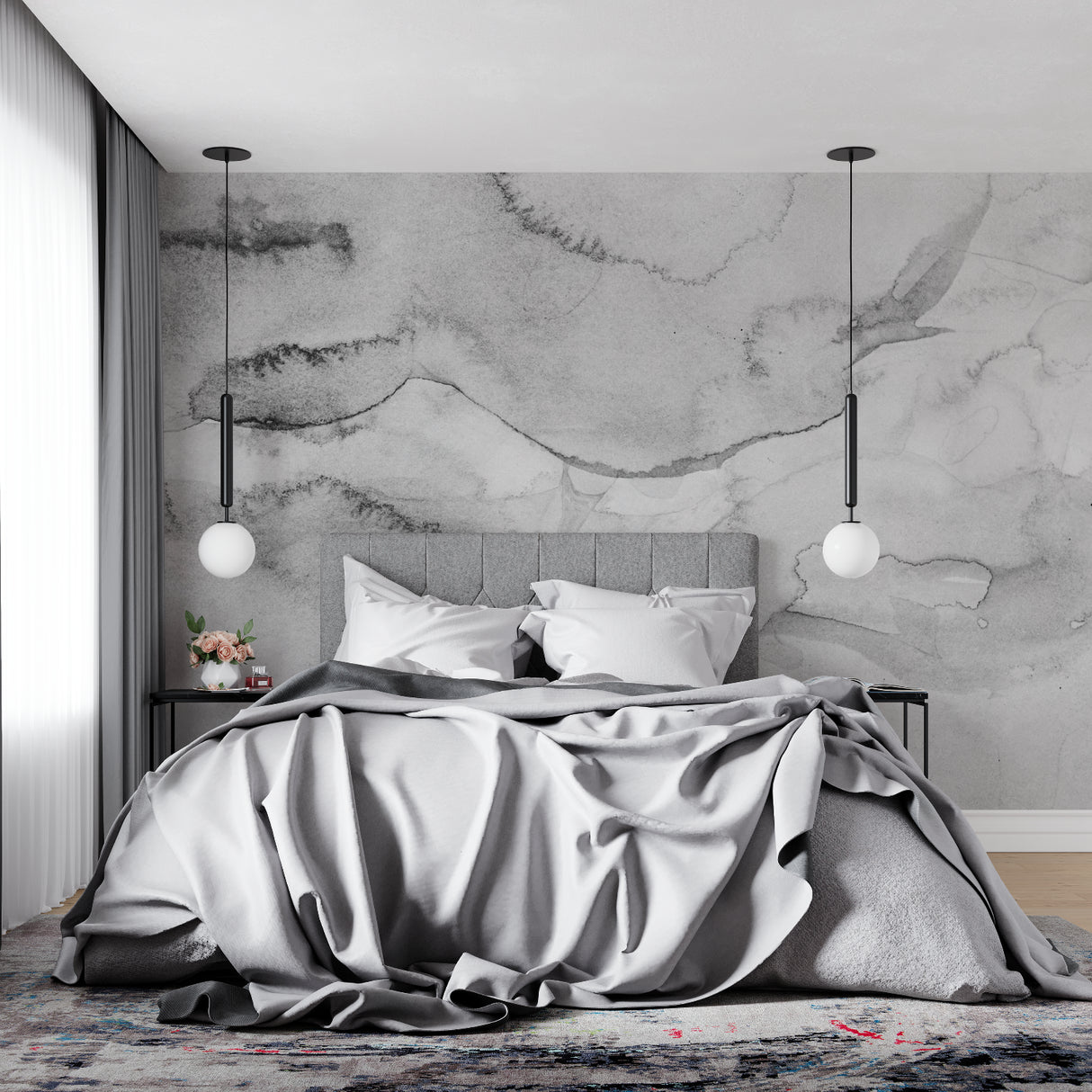 Grey and white marble wall mural in master bedroom with modern decor