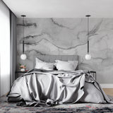 Grey and white marble wall mural in master bedroom with modern decor