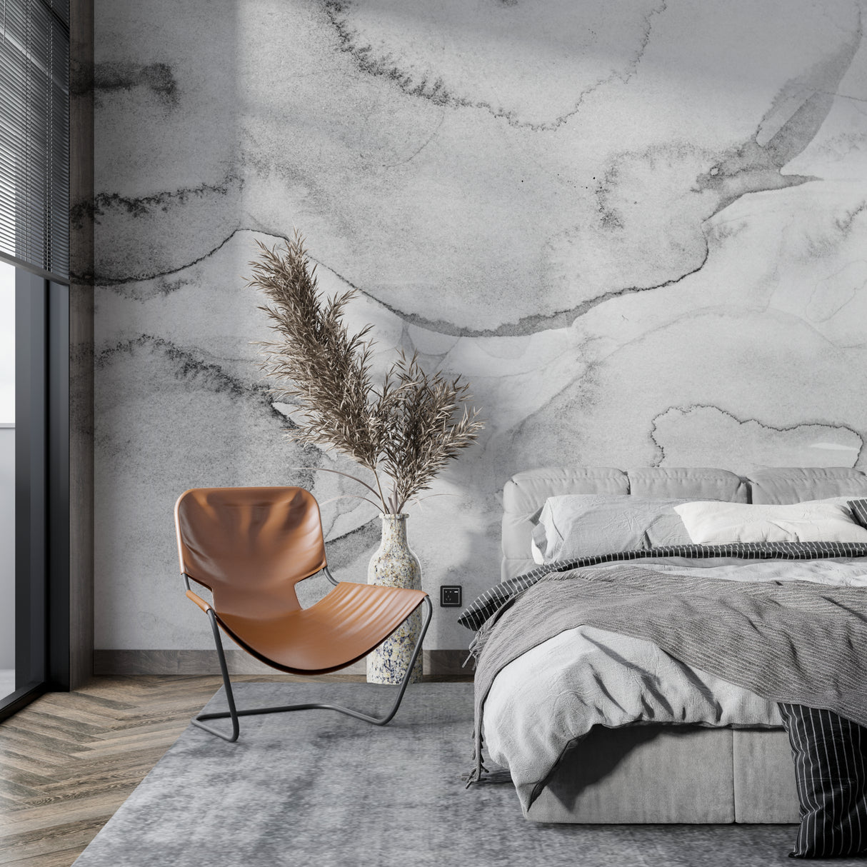 Grey marble wallpaper adding elegance to hallway space