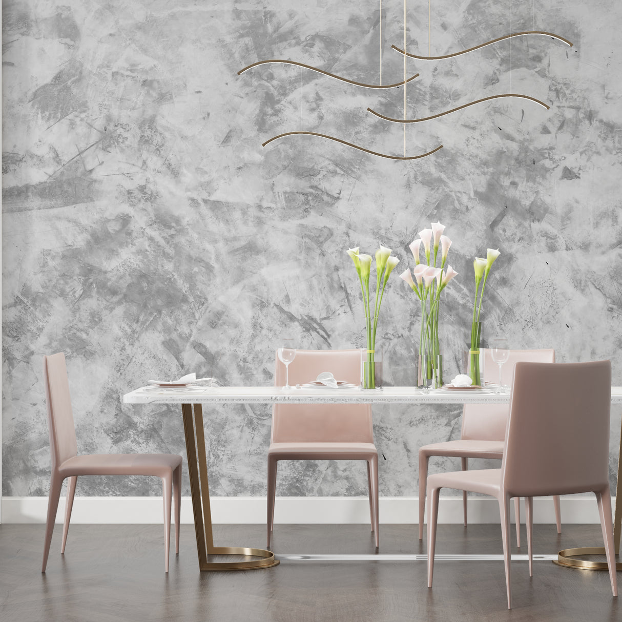 Grey marble effect wall mural in elegant dining room with natural lighting