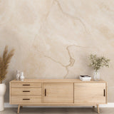 Marble effect wallpaper in modern living room showing beige stone pattern with natural veining