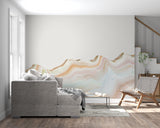 Marble wave pattern displayed in bathroom setting with gold fixtures