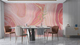 Elegant bedroom featuring pink and gold marble wall mural above a plush headboard
