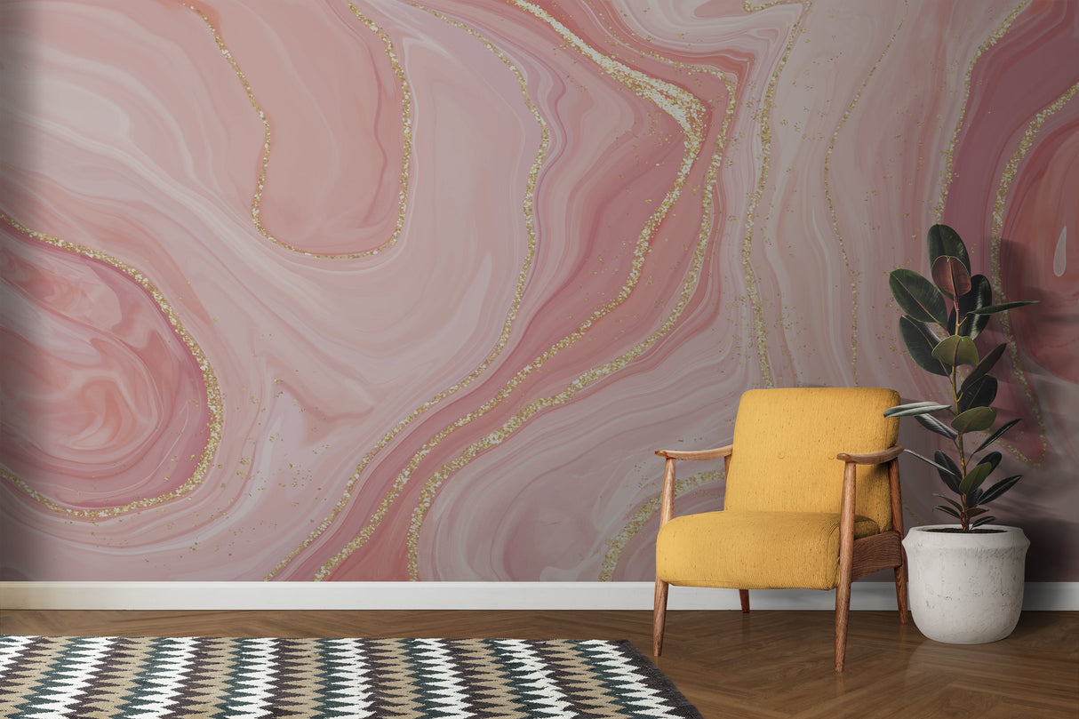 Dining room showcasing abstract marble wallpaper with soft pink and golden swirls