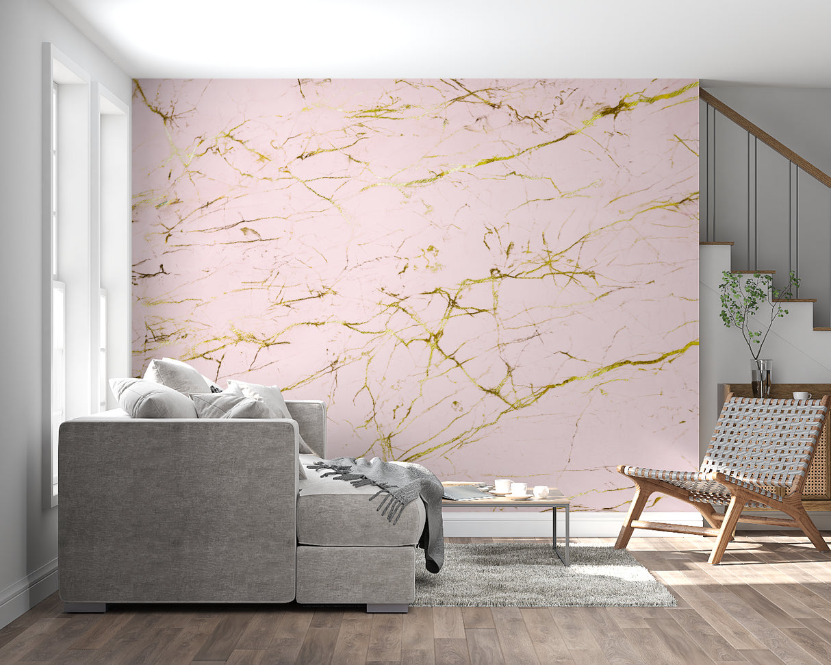Pink and gold marble wallpaper in modern living room with natural light highlighting the metallic accents