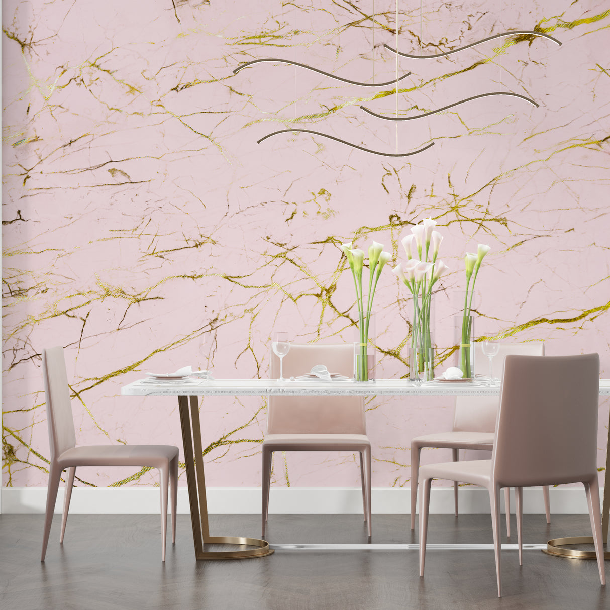 Elegant dining room featuring pink marble wall mural with soft gold veining