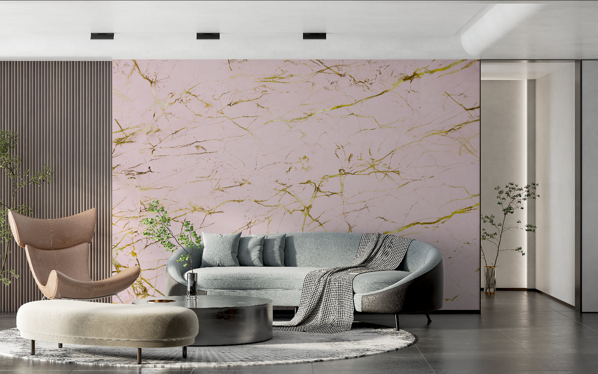 Home office space with marble effect wallpaper showing the scale of the pink and gold pattern