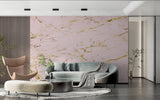 Home office space with marble effect wallpaper showing the scale of the pink and gold pattern