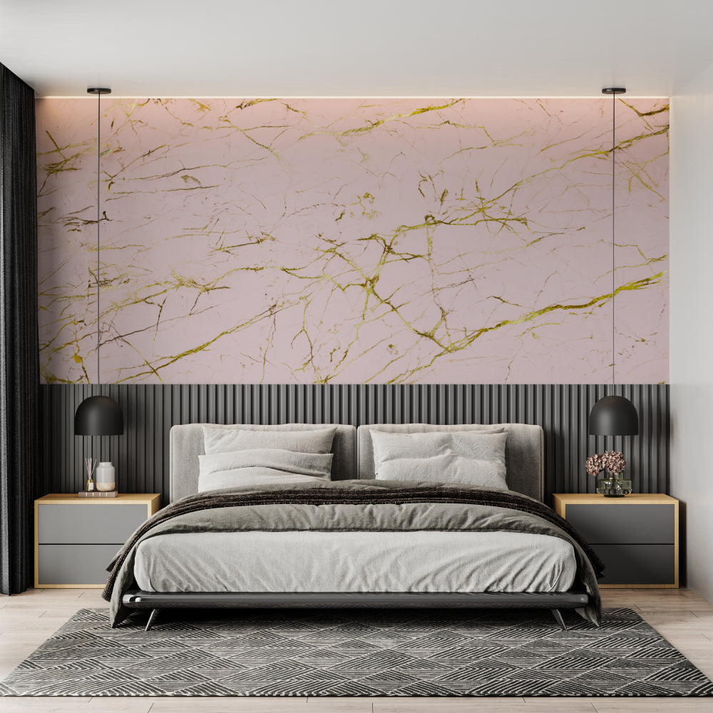 Bathroom interior with pink marble wallpaper showcasing the gold details in artificial lighting
