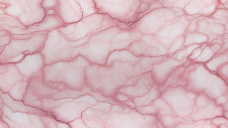 Pink marble wallpaper creating an elegant backdrop in a bright modern bathroom, soft veining catches morning light