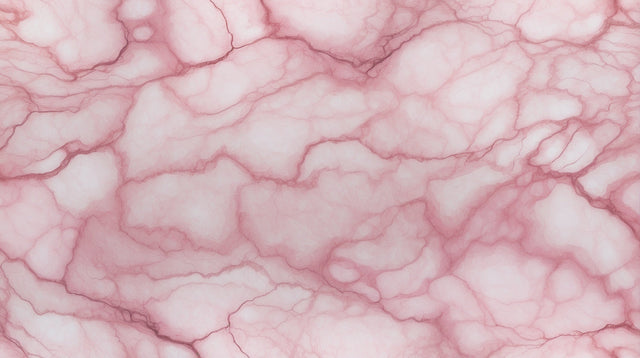 Pink marble wallpaper creating an elegant backdrop in a bright modern bathroom, soft veining catches morning light