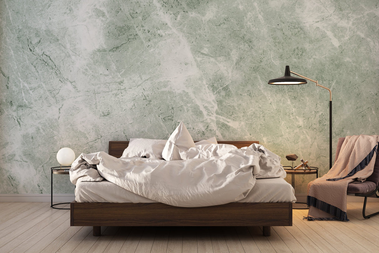 Marble effect wallpaper transforming modern bathroom walls