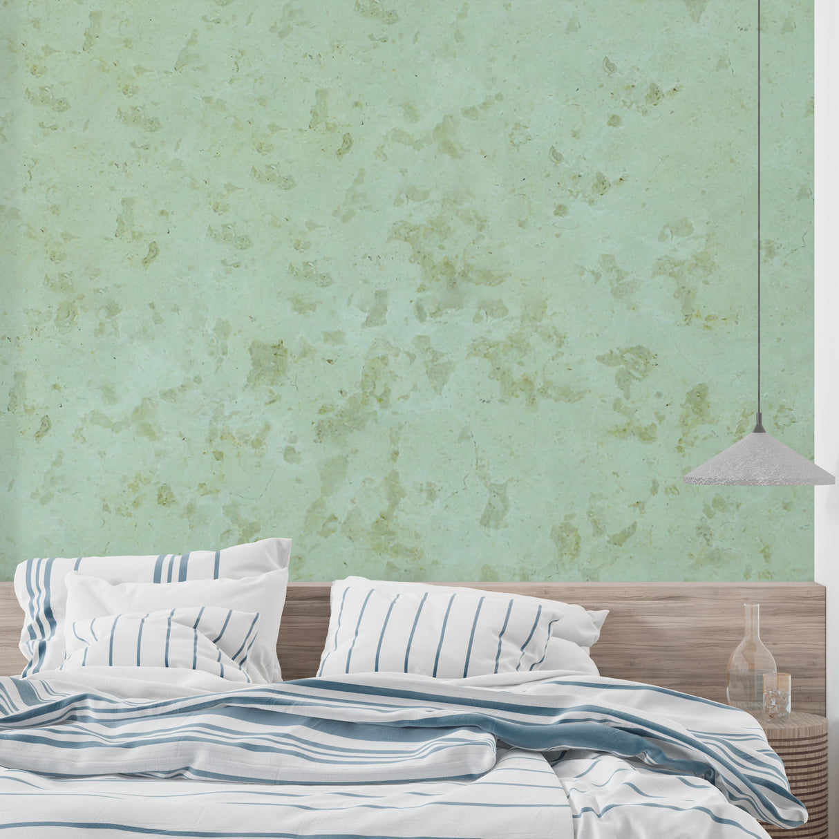 Master bedroom featuring sage green marble wallpaper creating calm atmosphere