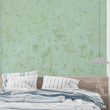 Master bedroom featuring sage green marble wallpaper creating calm atmosphere