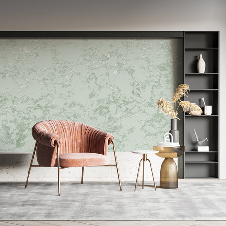 Sage green marble wallpaper creating a calm atmosphere in a modern living room with natural light
