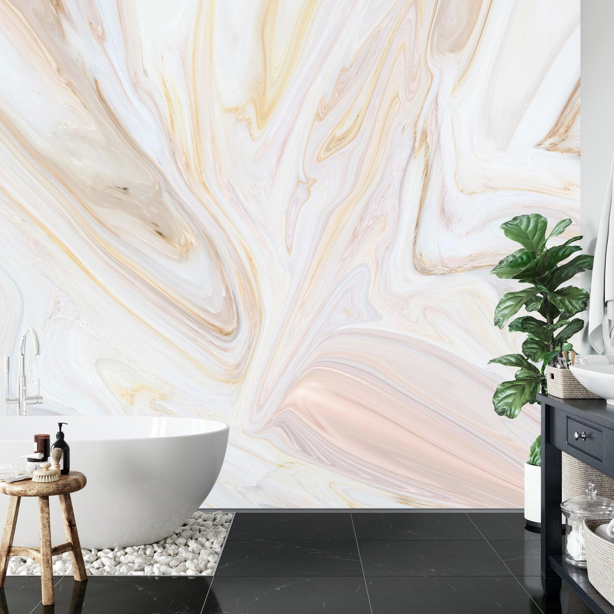 Pink and gold marble wallpaper creating an elegant backdrop in a modern living room with clean furniture