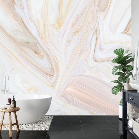 Pink and gold marble wallpaper creating an elegant backdrop in a modern living room with clean furniture