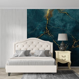 Marble wallpaper with teal and gold veins creating depth in a modern living room setting