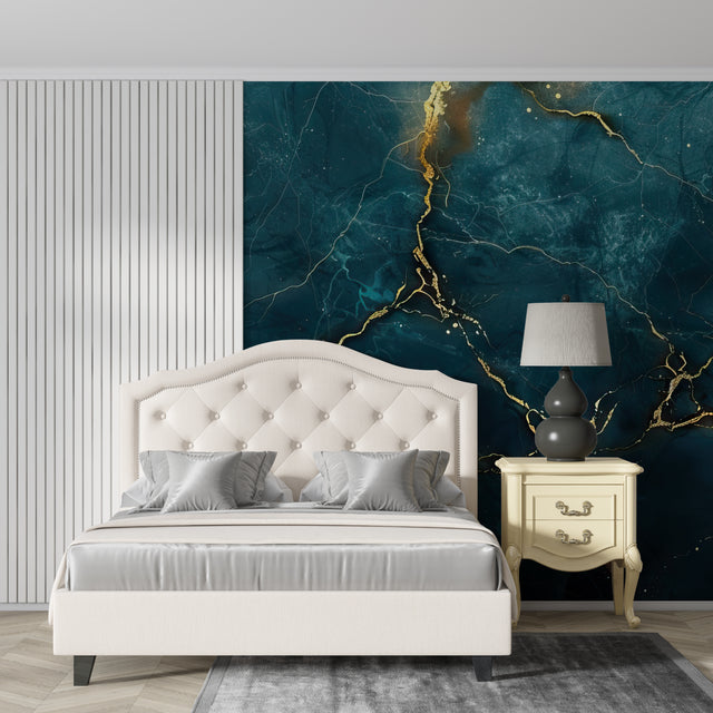 Marble wallpaper with teal and gold veins creating depth in a modern living room setting