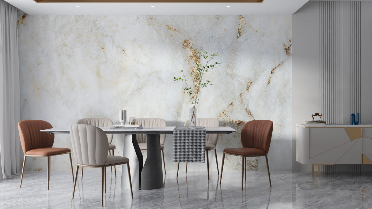 Elegant dining room featuring marble effect wall mural with gold accents