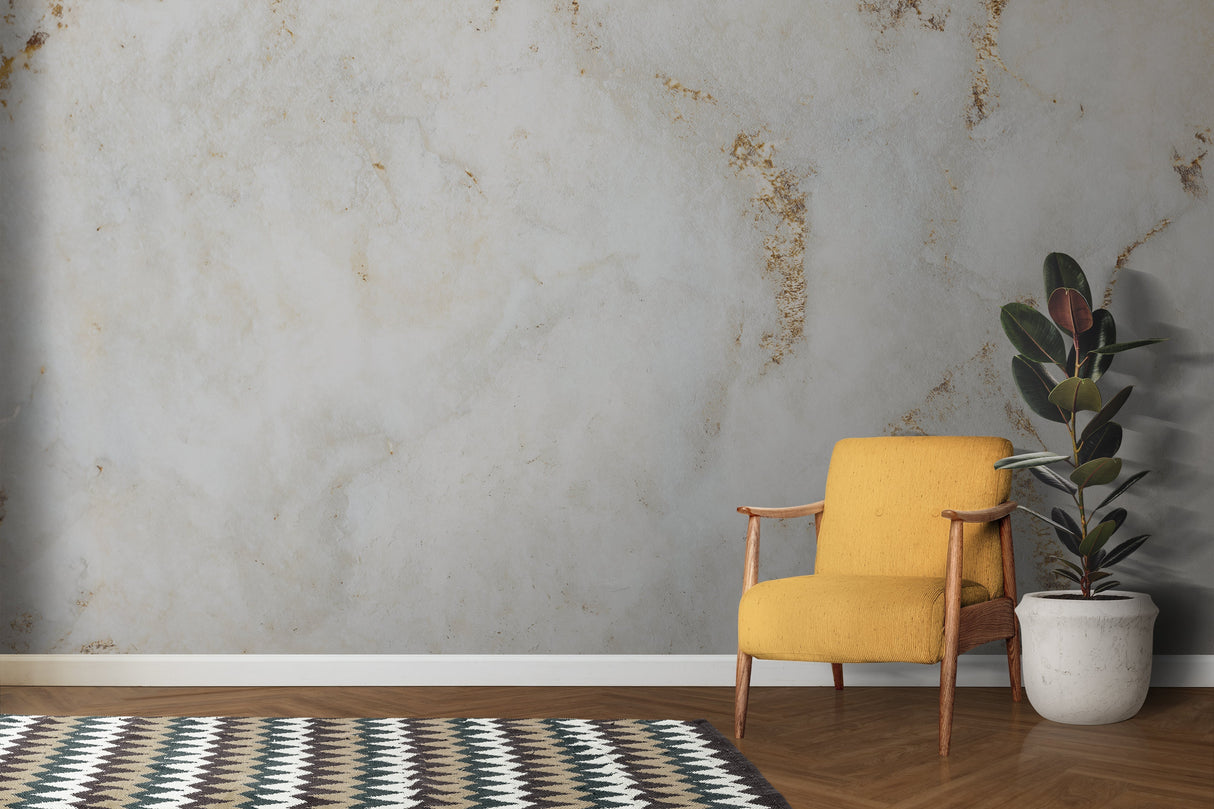 Master bedroom with white and gold marble wallpaper creating luxurious atmosphere