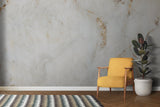 Master bedroom with white and gold marble wallpaper creating luxurious atmosphere