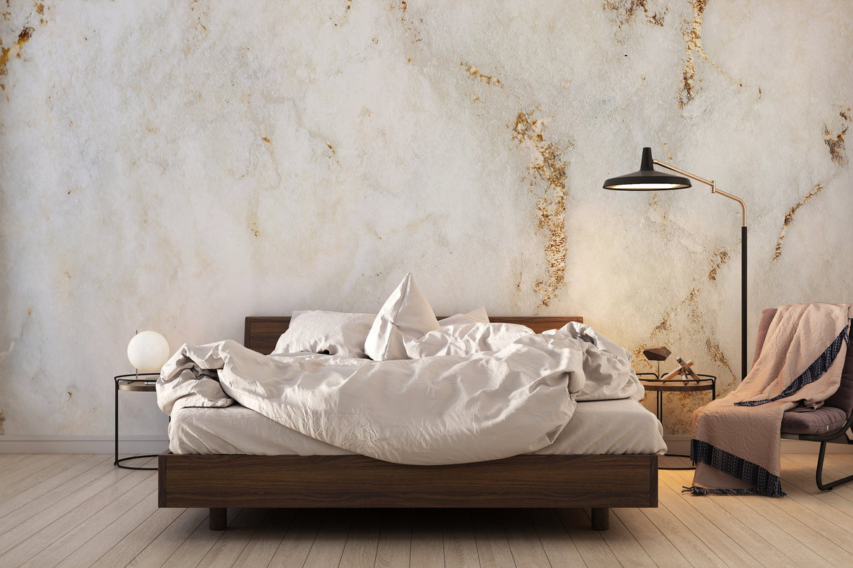 Hotel lobby showcasing marble wall mural with subtle gold veining