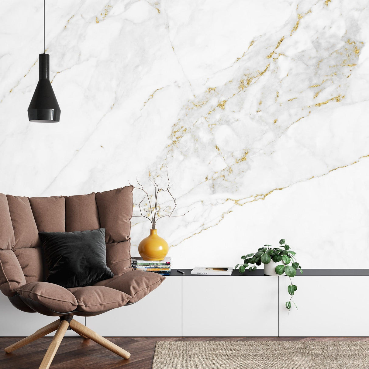 White and gold marble wallpaper creating luxury atmosphere in modern living room with natural light
