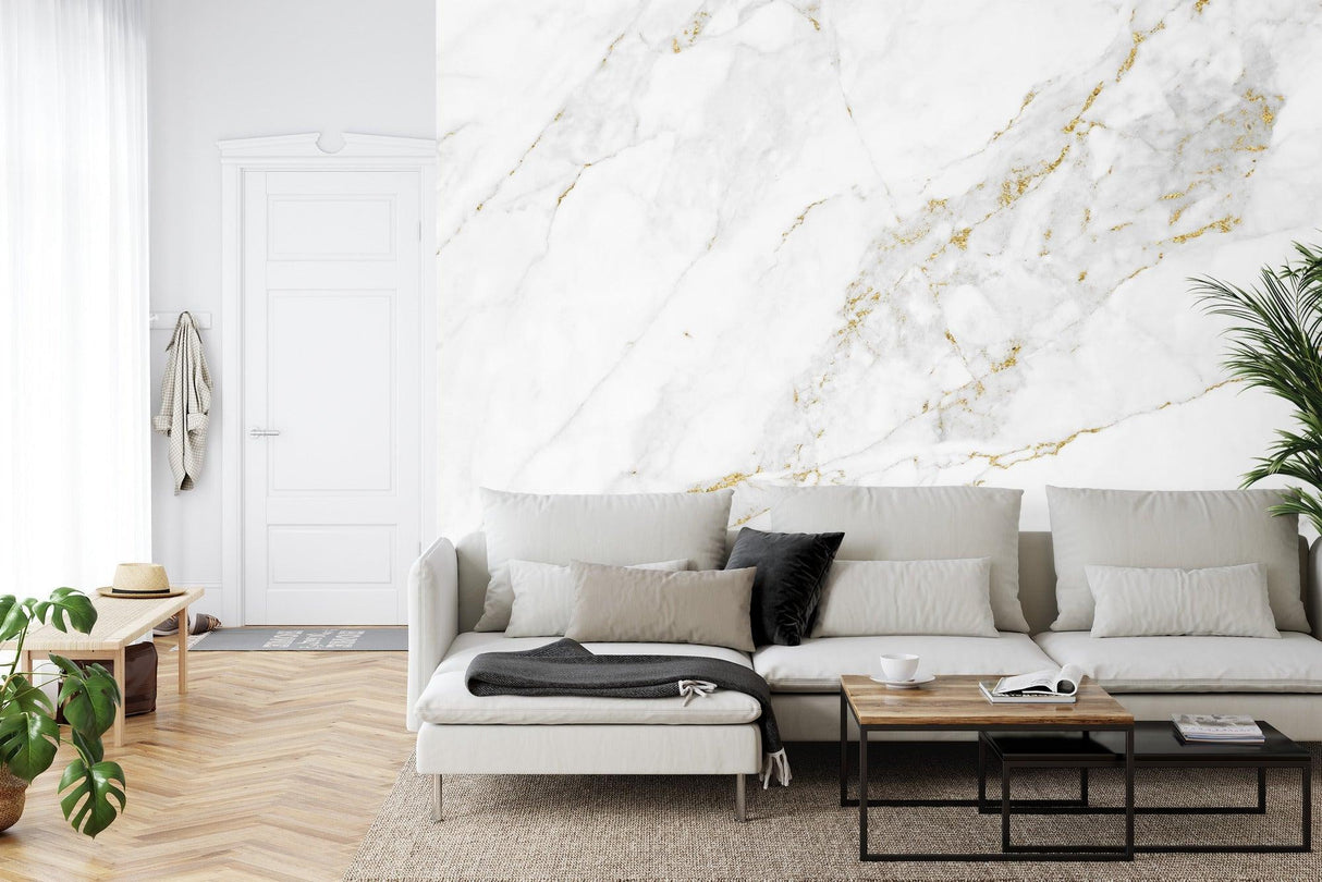 Elegant marble wall mural with gold veins in master bedroom setting