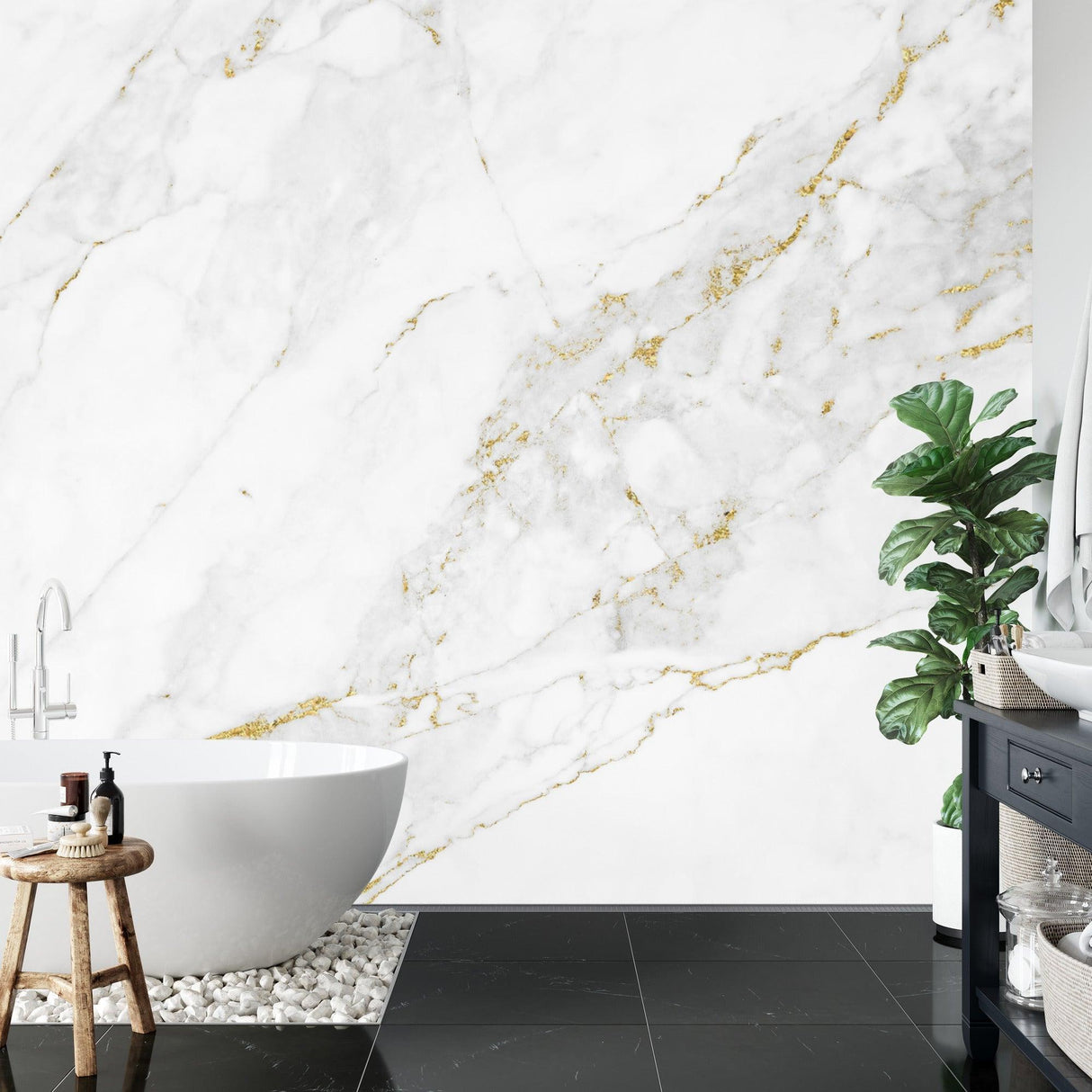 White marble wallpaper with gold accents in minimalist dining room