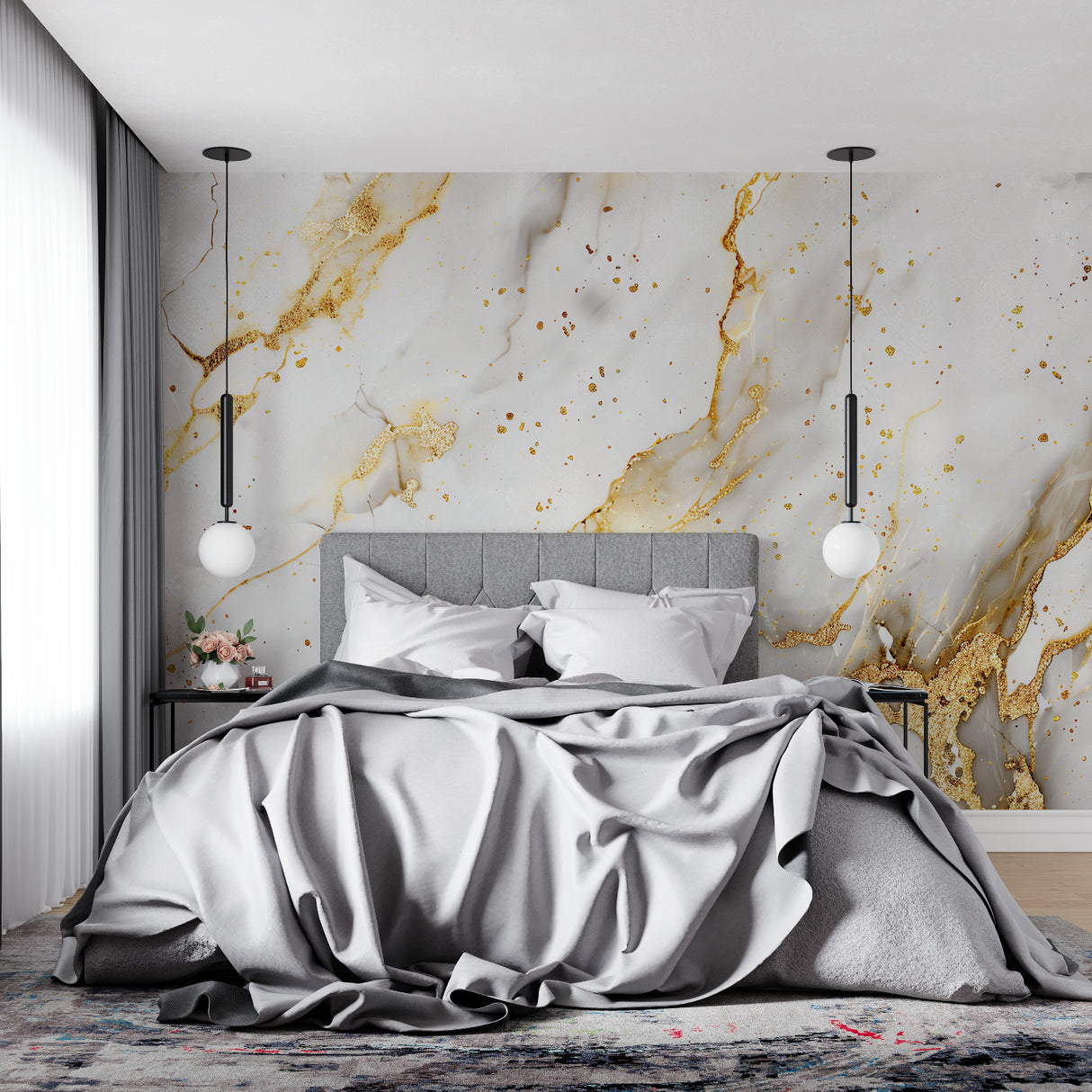 White and gold marble wallpaper in modern living room with natural light highlighting the golden veins