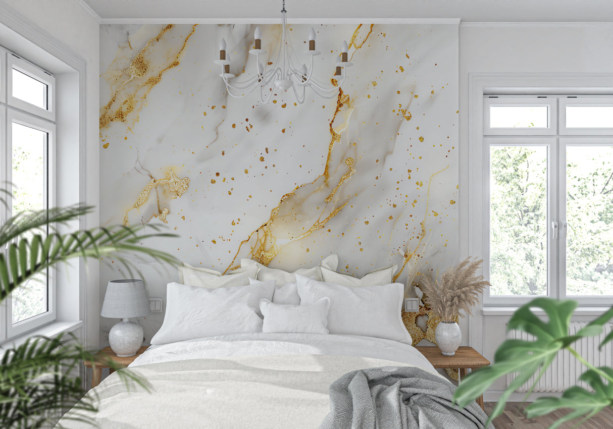 Luxury marble wall mural creating elegant atmosphere in master bedroom