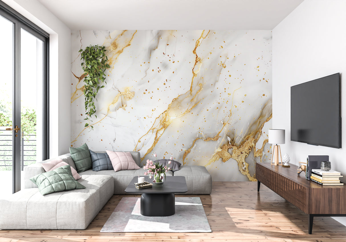 Gold marble wallpaper feature wall in minimalist dining room setting