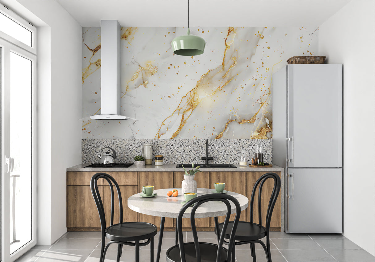 White marble wallpaper with gold veins in contemporary bathroom