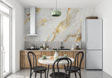 White marble wallpaper with gold veins in contemporary bathroom