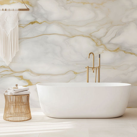 White and gold marble wallpaper creating an elegant atmosphere in a modern bathroom with walk-in shower
