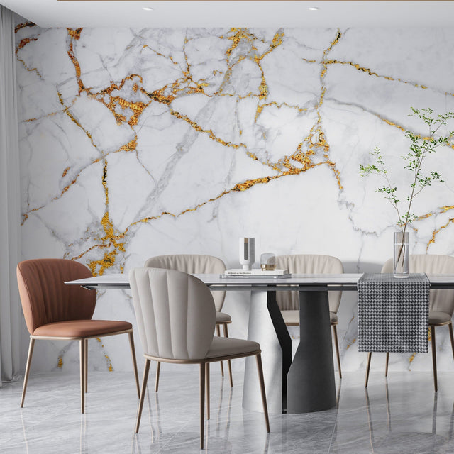 White and gold marble wallpaper in modern dining room with crystal chandelier