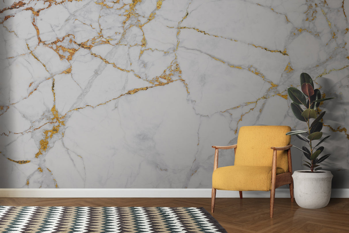 Luxury marble wall mural in master bedroom with gold accents