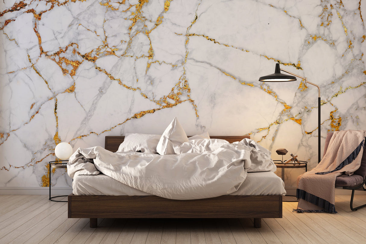 White marble wallpaper with gold veins in home office setting